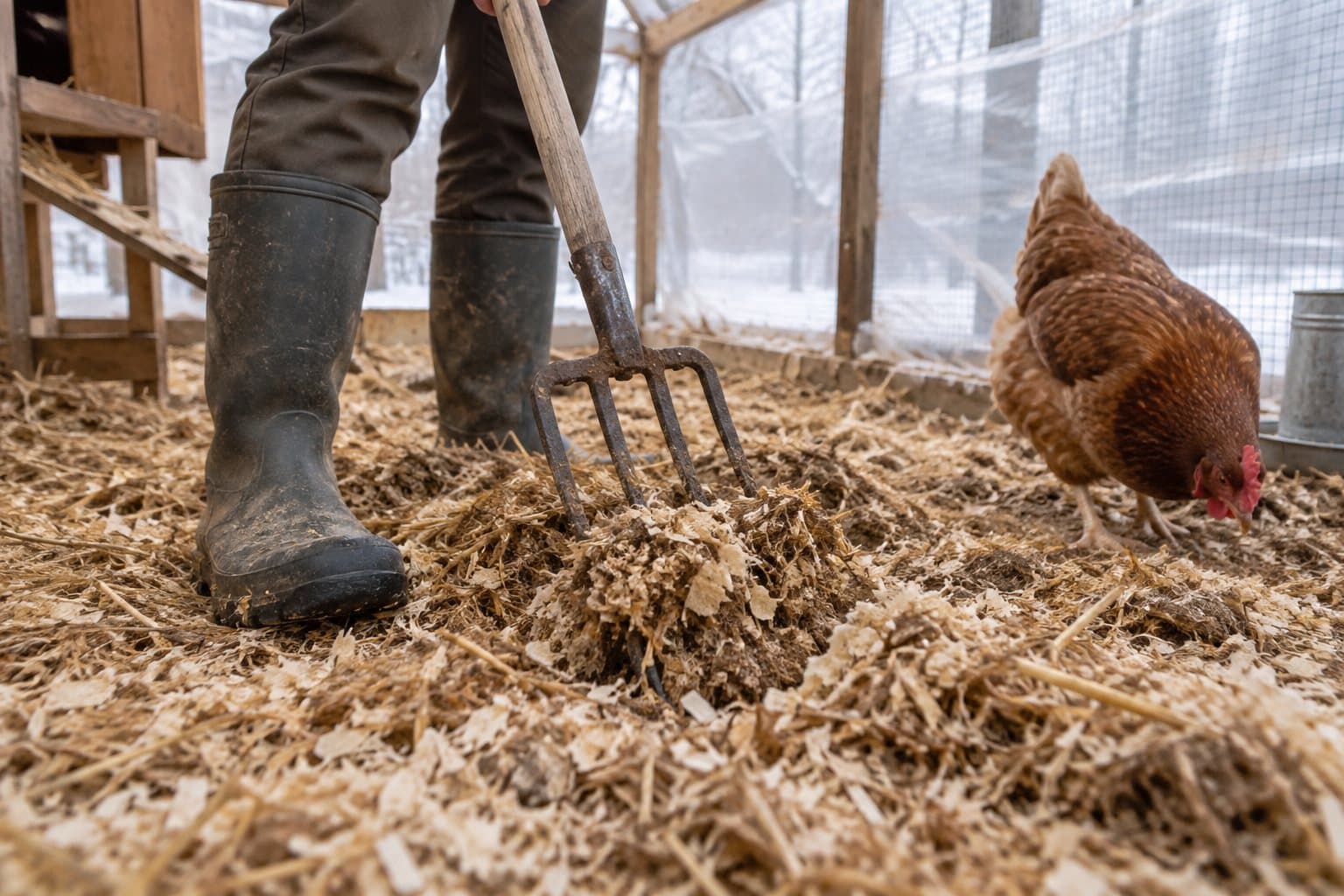 Rubber boots and a garden fork turning deep, dry bedding in a chicken run whose sides are covered with clear sheeting (AI-generated illustration)