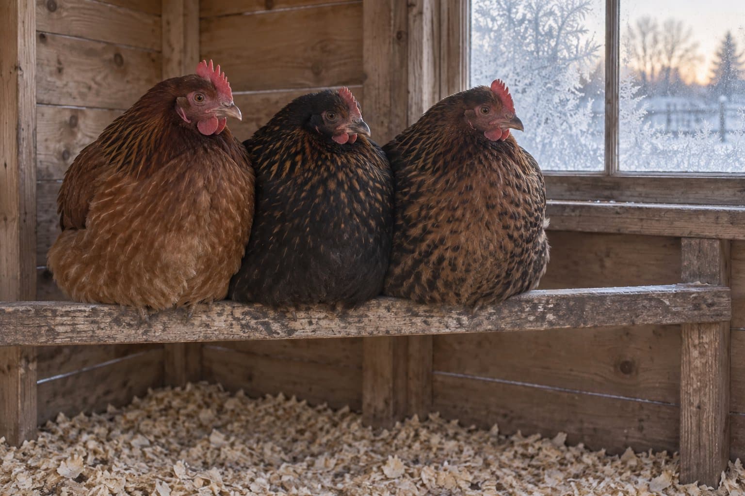 Three fluffed-up hens sitting close together on a wooden roost in front of a frosted coop window (AI-generated illustration)